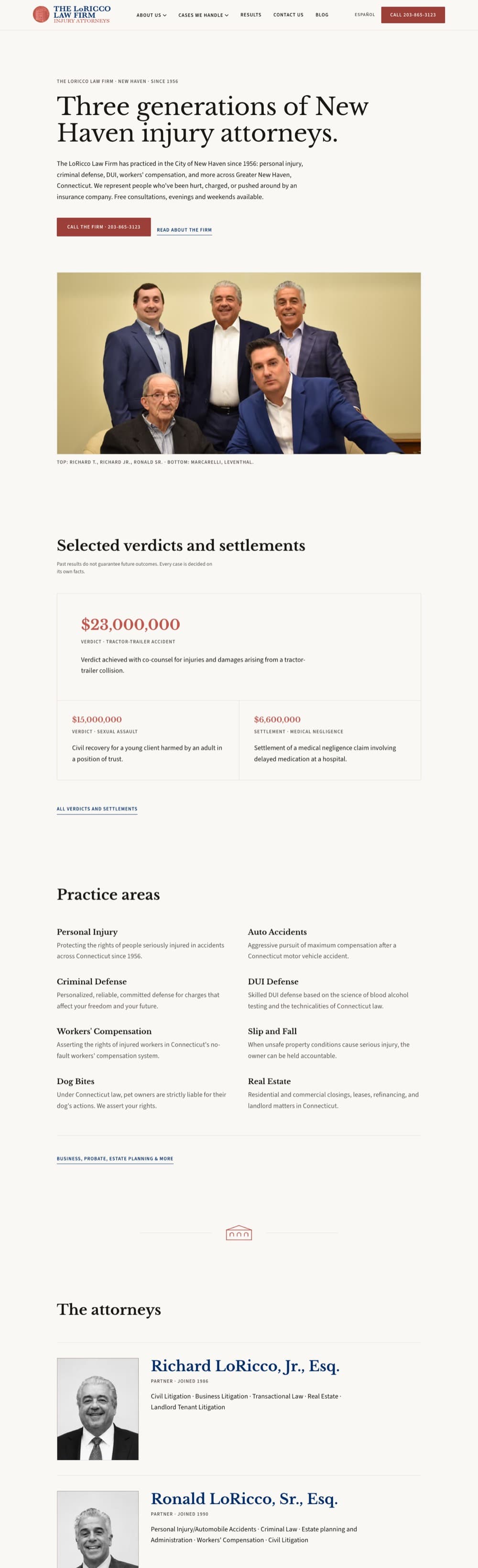 Full homepage of loriccolaw.com: headline reading Three generations of New Haven injury attorneys, followed by selected verdicts and settlements, practice areas, and the attorneys